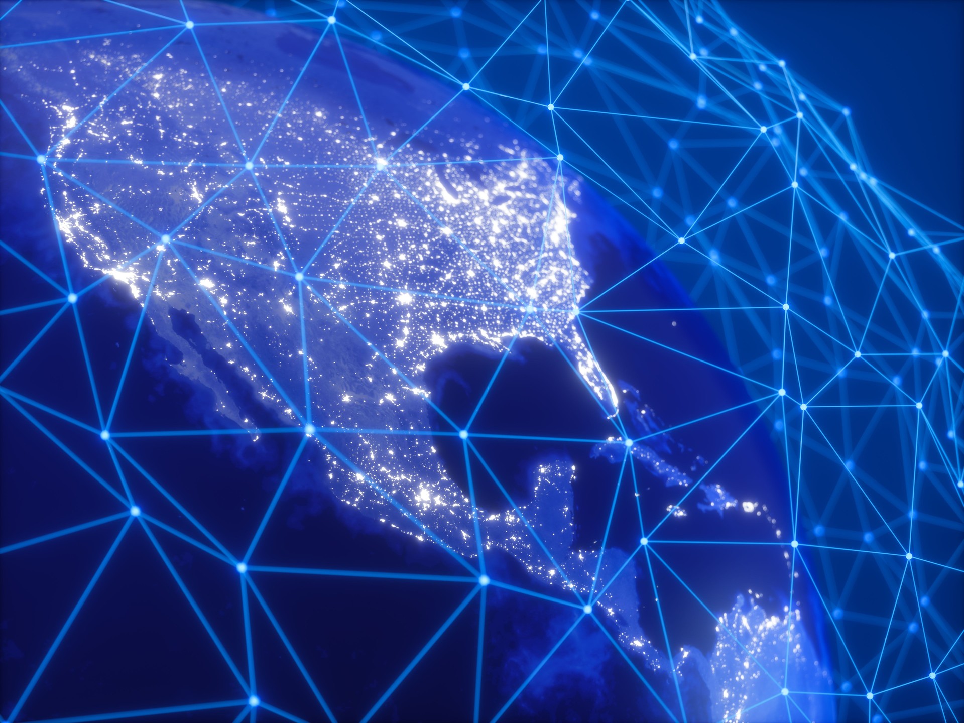 Red de comunicación global alrededor del planeta Tierra en el espacio