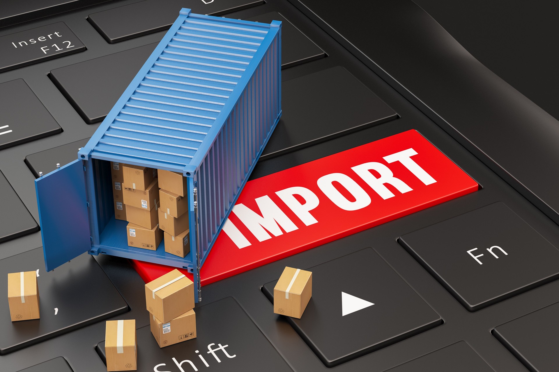 Importar clave de computadora con contenedores de envío y cajas de carga